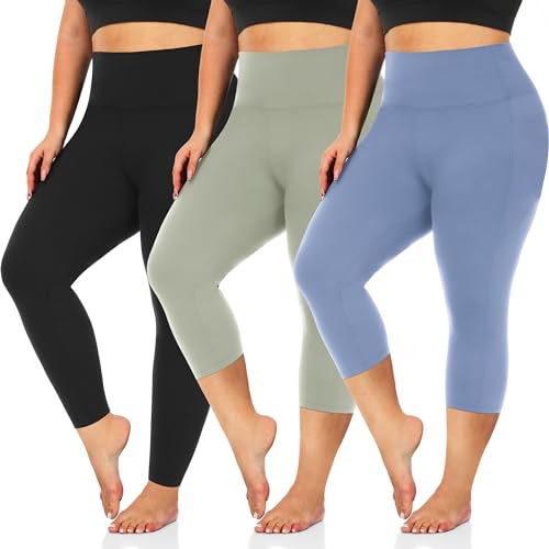 we fleece 3 Pack Plus Size Capri Leggings for Women -Stretchy X-Large-4X Tummy Control High Waist Spandex Workout Dance Pants