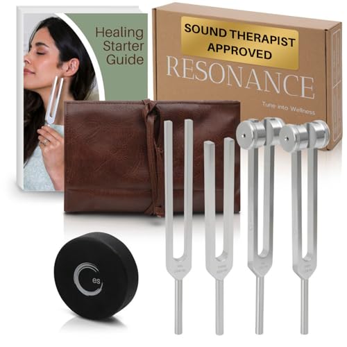 Resonance Tuning Forks for Healing Set - 128Hz, 136.1Hz, 256Hz, 384Hz Weighted & Unweighted Tuning Fork Set Includes Hockey Puck Activator - Chakra Sound Therapy Instruments in a Vegan Leather Pouch