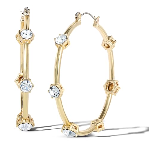 Jessica Simpson Womens Large Hoop Crystal Earrings - Large Gold-Tone Hoop Earrings with Crystal Embellishments