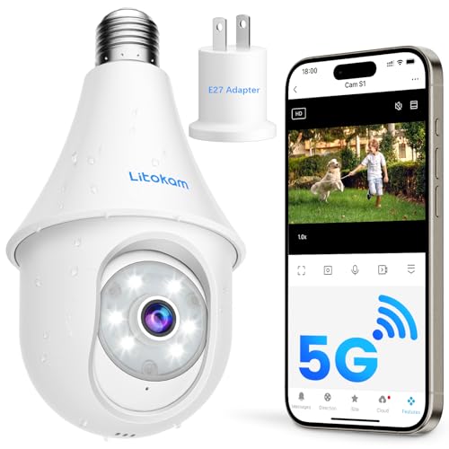 litokam Light Bulb Security Camera 5MP, 5G/2.4GHz 2K WiFi Socket Cam for Home, Wireless Outdoor/Indoor Cameras Outside with Motion Detection, Alarm Siren, Color Night Vision, Campatible with Alexa