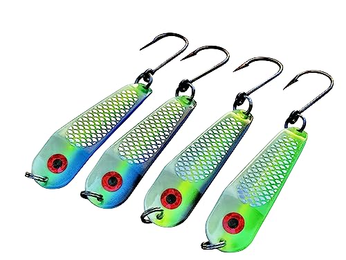 Loony Spoons - Premium Fishing Lures - Set of 4 - Salmon, Lake Trout - Walleye (Herring Aid, Green Hornet, Blue Dorado and Lemon Lime) (Size 4-4 3/8")