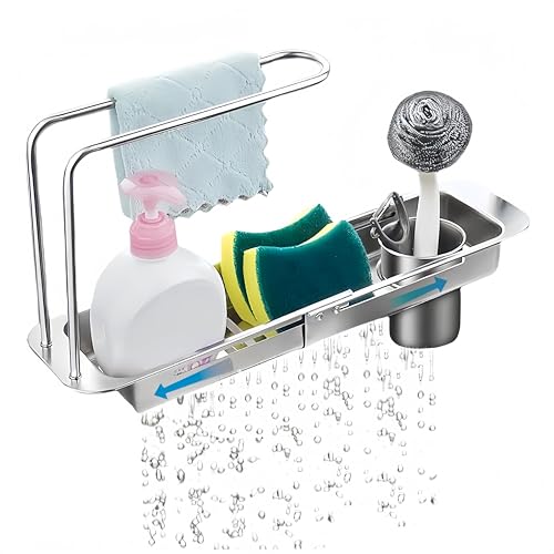 BRIUNN Stainless Steel Telescopic Over Sink Organizer Rack for Kitchen-Expandable Over The Sink Shelf, Adjustable Sponge Holder Organizer, Kitchen Sink Organizers Inside Sink for Sponge Rack