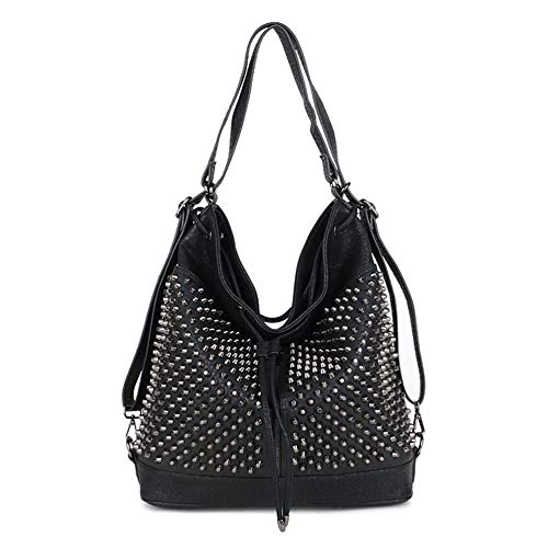 Chikencall Over-size Studded Bucket Bag for Women,3 Ways Multifunction Backpack Vegan Leather Punk Rock Rivet Large Shoulder Bag Crossbody Bag Black