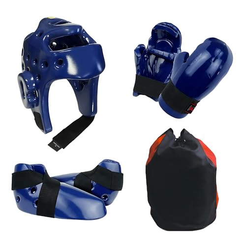 FANGJIE Martial Arts Karate Protective Sparring Gear Package Deal/Gift- Adjustable Adults & Kids Headgear, Gloves & Kicks for MMA, Taekwondo, Boxing Training（Gift a Martial Arts backbag）