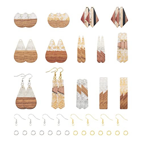 Cheriswelry 88Pcs/Box Dangle Earrings Making Kit with Teardrop Polygon Rectangle Rhombus Resin Walnut Wood Pendants Brass Jump Rings Earring Hooks 24.5x3.5mm for Women Jewelry Decoration