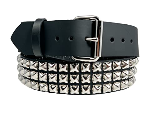 Three Row Pyramid Stud Belt Made In USA Genuine Leather Punk Goth Thrash Metal (L-36)