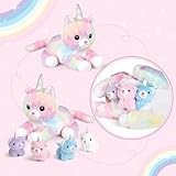 KMUYSL Plush Unicorn Kitty Toys for Girls Ages 3 4 5 6 7 8+ Year - Cat Mommy Stuffed Animal with 4 Baby Kitties in Her Tummy, Animal Stuffed Toys Set, Christmas Valentines Birthday Gifts for Girls