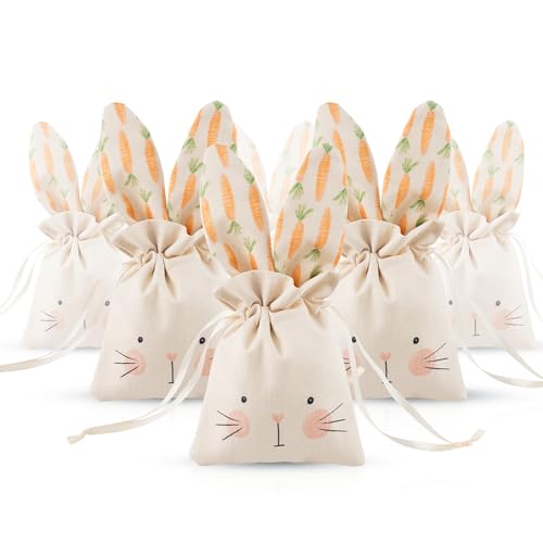 Cheerland Bunny Gift Bag Bunny Birthday Decoration for Easter Kids Party Baby Shower Linen Sweet Candy Beige Drawstring Bags Garden Tea Party Favors Decorations Supplies - Pack of 6