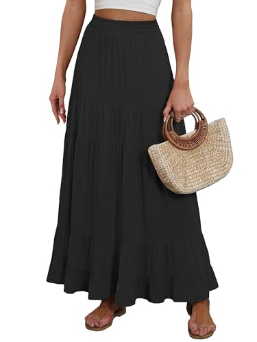 ANRABESS Womens Maxi Skirt Elastic High Waist Swing Tiered A-line Flowy Pleated Boho Beach Vacation Long Skirts Black Medium