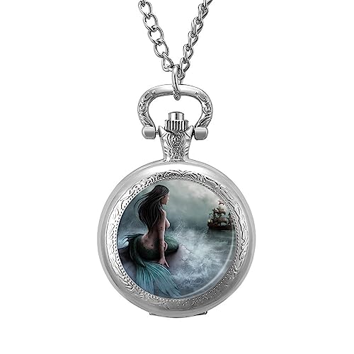 Mermaid Pirate Ship Vintage Pocket Watches with Chain for Men Fathers Day Xmas Present Daily Use Silver-Style