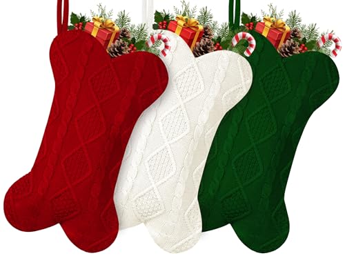 GOYOSWA 3 Pack Dog Christmas Stocking, 18 Inch Large Double Side Knitted Christmas Stocking for Dogs, Bone Shaped Hanging Dog Stocking for Dogs Pets