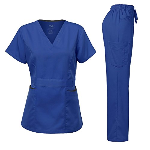 Dagacci Medical Uniform Women's Scrubs Set Stretch Contrast Pocket Royal M
