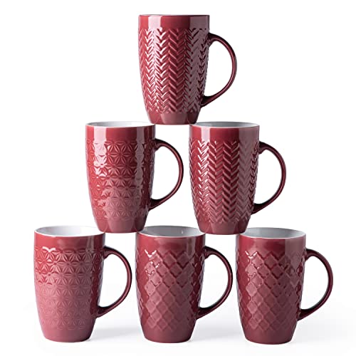 AmorArc Extra Large Coffee Mugs Set of 6, 20oz Ceramic Tall Coffee Mugs with Textured Geometric Patterns for Latte/Tea/Beer/Hot Cocoa, Dishwasher & Microwave Safe, Burgundy