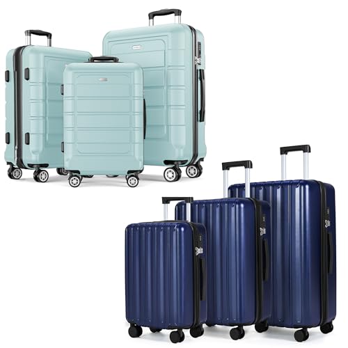 SHOWKOO Luggage Sets 100% PC & PC+ABS Expandable Suitcase Sets Double Spinner Wheels TSA Lock 3pcs+3pcs Mint Green & Blue