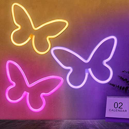 BRIGHTDECK 3 Pcs Butterfly Neon Signs, Neon Light for Bedroom, USB or 3-AA Battery Powered LED Wall Décor for Valentines Day Birthday Gift, Wedding, Party, Home Decor (Pink, Purple, Warm white)