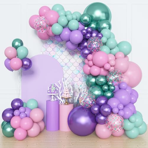 Amandir 153pcs Mermaid Balloon Garland Arch Kit, Different Sizes 18 12 10 5 inch Purple Pink Green Latex Metallic Confetti Balloons for Girl Kids Baby Shower Ocean Themed Party Decorations