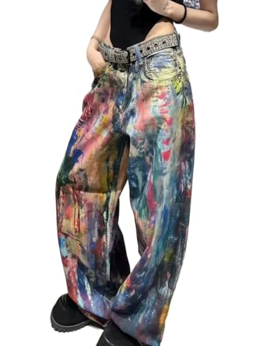 Unisex Y2k Vintage Color Ink Oil Painting Jeans Hiphop Rainbow Graffiti Streetwear Harajuku Baggy Casual Denim Pants (Denim,XX-Large)