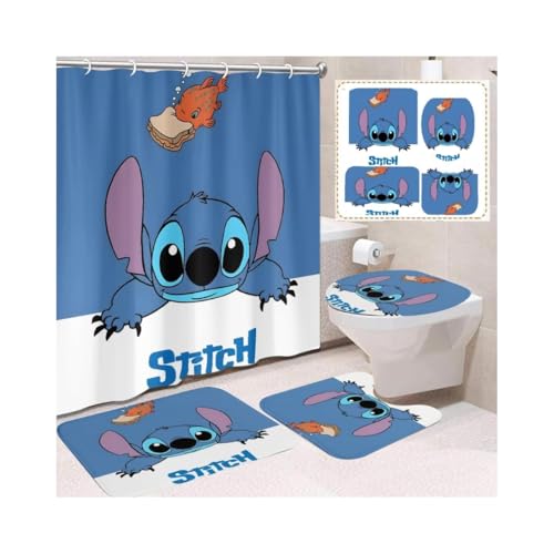 TOCKFIT Cute Stitch Shower Curtain Set 4 Piece with Non-Slip Rugs, Toilet Lid Cover and Bath Mat Cartoon Bathroom Decor 72 x 72inch (Stitch-1)