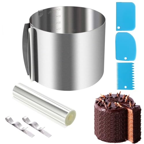 Cake Ring Mould for Baking,20cm Height,Stainless Steel Round Cake Mold Adjustable from 16 to 30cm, Leak Proof,with Precise Scaling Inside and Clamping Lever,for Mousse Bread Chocolate Ring Accessories