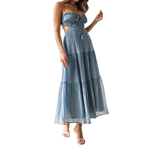 Women Sexy Spaghetti Strap Low Cut Dress Y2k Bodycon Long Dress Sleeveless Backless Maxi Dresses Going Out Party Clubwear (Blue, S)