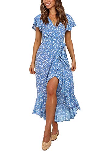 ZESICA Women's Summer Bohemian Floral Printed Wrap V Neck Beach Party Flowy Ruffle Midi Dress,Blue,Large