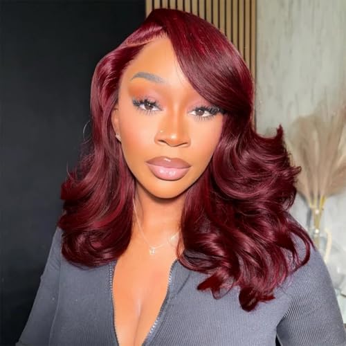 Tinashe Human Hair Wig Glueless Face-Framing Curtain Bangs Loose Body Wave 6×5 HD Lace Front Bob Burgundy Red 99J Closure Wigs Human Hair Pre Cut Bleached Knots Wigs for Black Women Haircuts 16 Inches