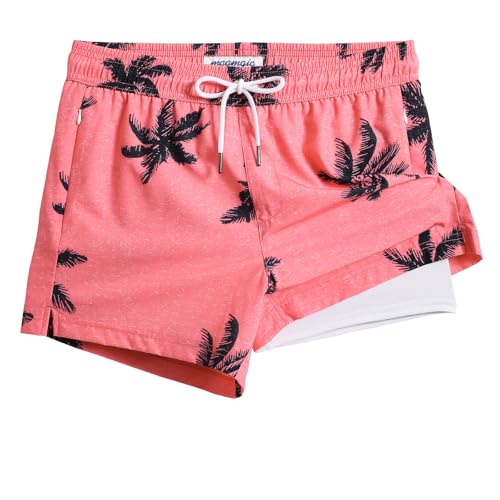 maamgic Mens Swim Trunks with Compression Liner Short Stretch Mens Bathing Suit Quick Dry Swimming Trunks Swimsuit Plamtree Pink Large