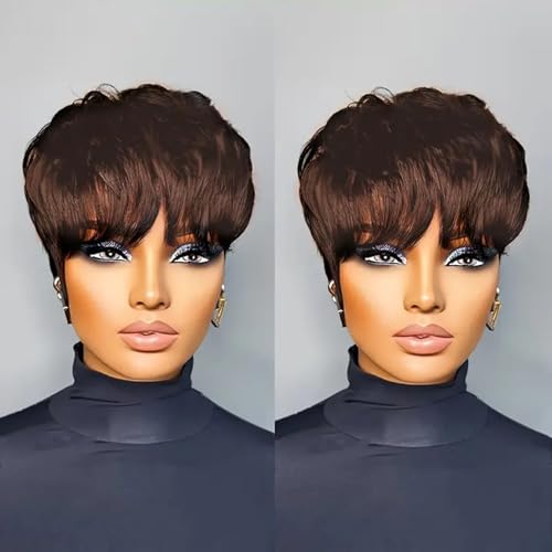 QiaQiaRing Chic Elegent 10A Pixie Cut Wigs for Black Women 4# Brown Color for Daily Use Short Layered Pixie Cut Human Hair Wigs With Bangs Brazilian Virgin Straight Human Hair (4#brown)