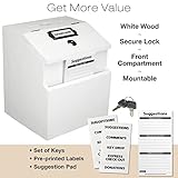 Excello Global Products White Suggestion Box with Lock: Wooden Ballot Comment Box, Wall Mounted or Freestanding. Includes Printed Labels & Suggestion Pads Cards