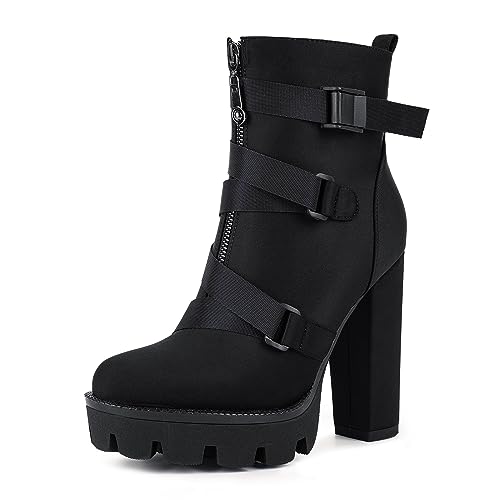 Wetkiss Chunky Heel Platform Boots for Women - Black Combat Booties with Lace Up High Heel