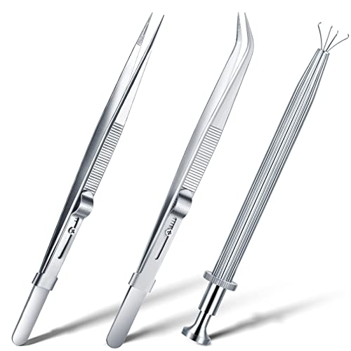 Honoson 3 Pack Diamond Tweezers Gem Stone Jewelry Locking Tweezers Stainless Steel Diamond Claw Holder Beads Ball Grabber Jewelers Pick up Tool Tongs for Jewelry Making(Claw and Tweezers)