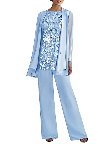 Women's 3PC Lace Pants Suits Mother of Bride Dressy Elegant Sets Wedding Formal Outfit Light Blue