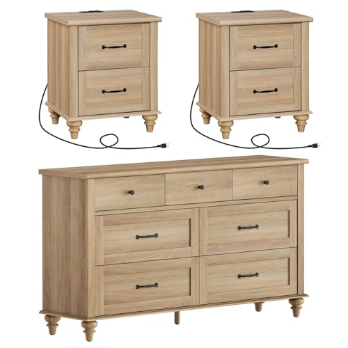 WAMPAT 3 Piece Bedroom Set - Includes 7 Drawer Dresser for Bedroom, Set of 2 Night Stands with Charging Station & Drawers, 3 Piece Dresser and Nightstand Sets, Oak