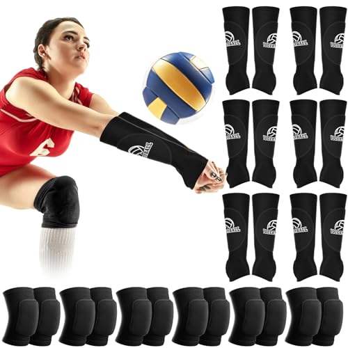 Breathffy 6 Pairs Volleyball Knee Pads and 6 Pairs Volleyball Padded Passing Sleeves Volleyball Arm Sleeves Padded, Protective Knee Brace Forearm Elbow Sleeve Train Accessories (Black)