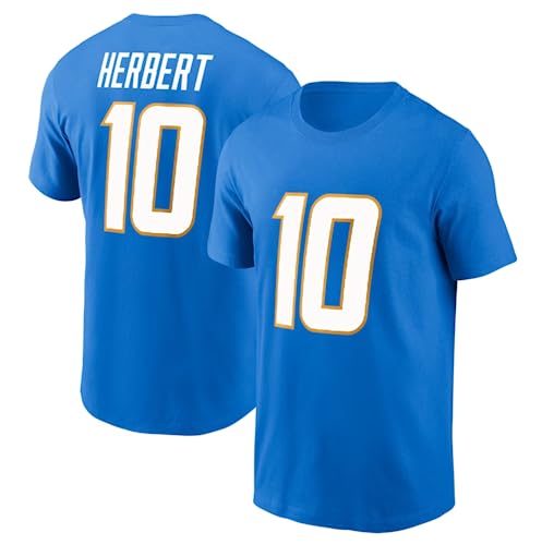 Justin Herbert #10 LA Los Angeles Football T-Shirt Cotton Jersey San Diego (Medium, Blue)