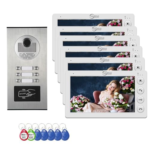 Video Apartment Intercom System,6 Units 7 inch Monitor Wired Video Door Phone Kit,Indoor Outdoor Video Doorbell,ID Keyfobs Unlock,2 Way Audio,6-Screen for Home Apartment (1 Doorbell+6 Monitor)