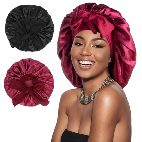 Arqumi Pack of 2 Satin Sleeping Bonnet,Large Satin Sleep Bonnet with Elastic Long Strap,Adjustable Sleep Cap Hair Bonnet for Women & Men,Black+Red