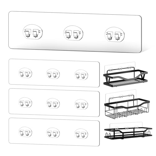 FGSAEOR 4 Pack Shower Shelf Adhesive Replacement, No Drilling Transparent Adhesive Hooks Stickers, Strong Wall Hook Strip for Shower Caddy Basket and Bathroom Shelf, Kitchen Racks (3 hooks)