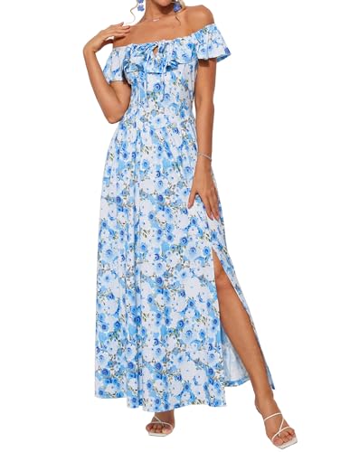 GRACE KARIN 2025 Women's Summer Dresses Off Shoulder Floral Print Boho Dress Flowy A Line Maxi Dress Blue L