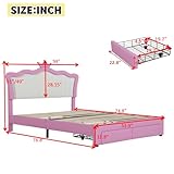 Crown Full Size Princess Bed with Storage Drawers for Girls,Cute Full Size Bed Frame for Kids,Full Upholstered Bed Frame with LED Lights,Girls Bed Full Size,Pink