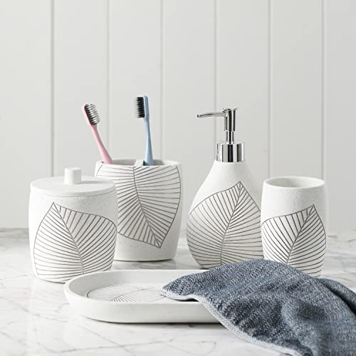 Elegant Leaf Design,5-Pieces Bathroom Accessories Set Hight Quality Polyresin Ensemble-Lotion Dispenser/Toothbrush Holder/Cotton Jar/Tray/Tumbler Cup