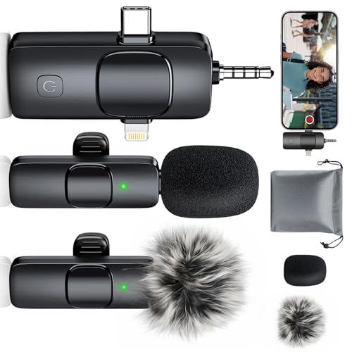 MENERESAS 3-in-1 Mini Microphone for iPhone: Wireless Lavalier Microphones for iOS/Android Devices/Camera - Noise Reduction Lapel Mic - Clip on Mic for Video Recording, Multifunctional