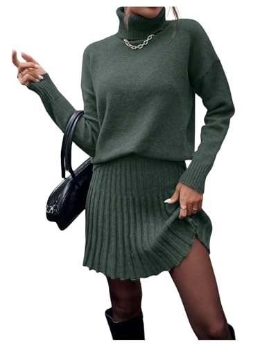 MakeMeChic Women's Sweater Skirt Sets 2 Piece Outfits Ribbed Knit Mock Neck Sweater Pullovers A Line Mini Skirt Set S-Green Small