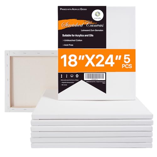 CONDA 18x24 inch Stretched Canvas for Painting, 5 Pack Large Canvas, 100% Cotton, 5/8 Inch Profile Big Stretched Canvas Value Bulk Pack for Acrylics, Oils Painting