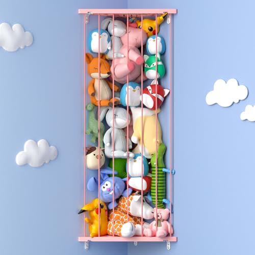 Stuffed Animal Storage Shelf Organizer(Patented) - Corner Stuffed Animal Holder Length Adjustable - Wall Plush Storage for Nursery Playroom Bedroom Kids Room (Pink, Standard)