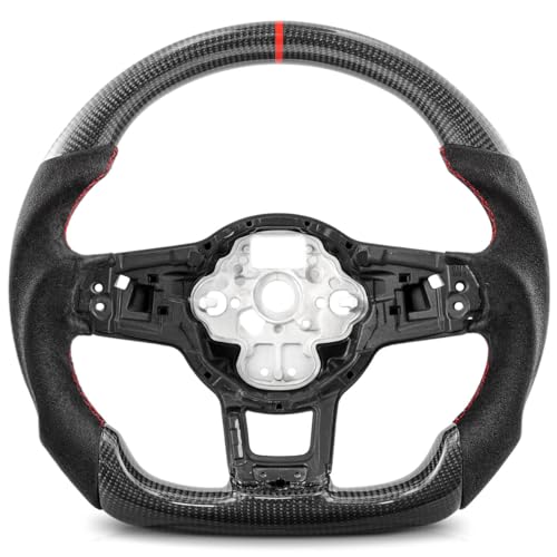 FITOLIZAA Steering Wheel for Golf MK7/7.5 GTI R 2013-2020 Real Carbon Fiber Steering Wheel with D-shaped Flat-bottom Suede Grip Red Hand-Stitched