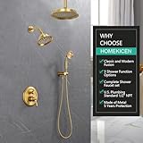 Homekicen Brushed-Gold Antique Shower-Faucet Sets System: 9" Ceiling Mounted Rain Head & 6" Wall Mount Vintage Rainfall and Handheld Spray Combo, 3 Way Diverter Brass Rough in Valve with Trim Kit