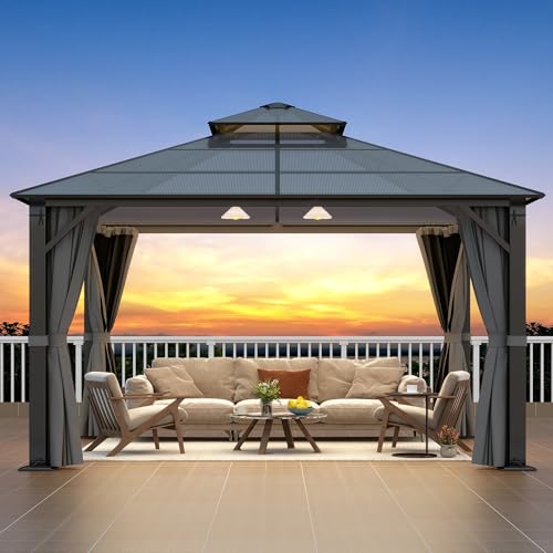 Raysfung Hardtop Gazebo 12' x 12', Patio Gazebos with Polycarbonate Roof & Steel Frame, Outdoor Pavilion with Gray Curtain&Netting for Backyard/Lawn/Garden/Deck