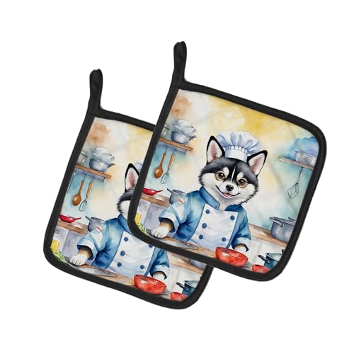Caroline's Treasures Alaskan Klee Kai The Chef Pair of Pot Holders Kitchen Heat Resistant Pot Holders Sets Oven Hot Pads for Cooking Baking BBQ, 7 1/2 x 7 1/2