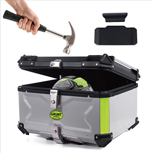 GRUNT SPORTS 55L Motorcycle Tail Box Top Case - Scooter Universal Storage Trunk – Waterproof Aluminum Luggage Tour Helmet Box with Security Lock - Includes Back Cushion (Silver, 55L)